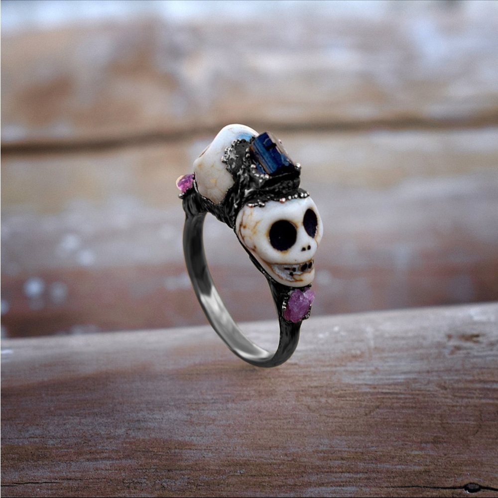 Black Skull  Pink Tourmaline Rough Stone Statement Stackable Multi Gemstone Ring